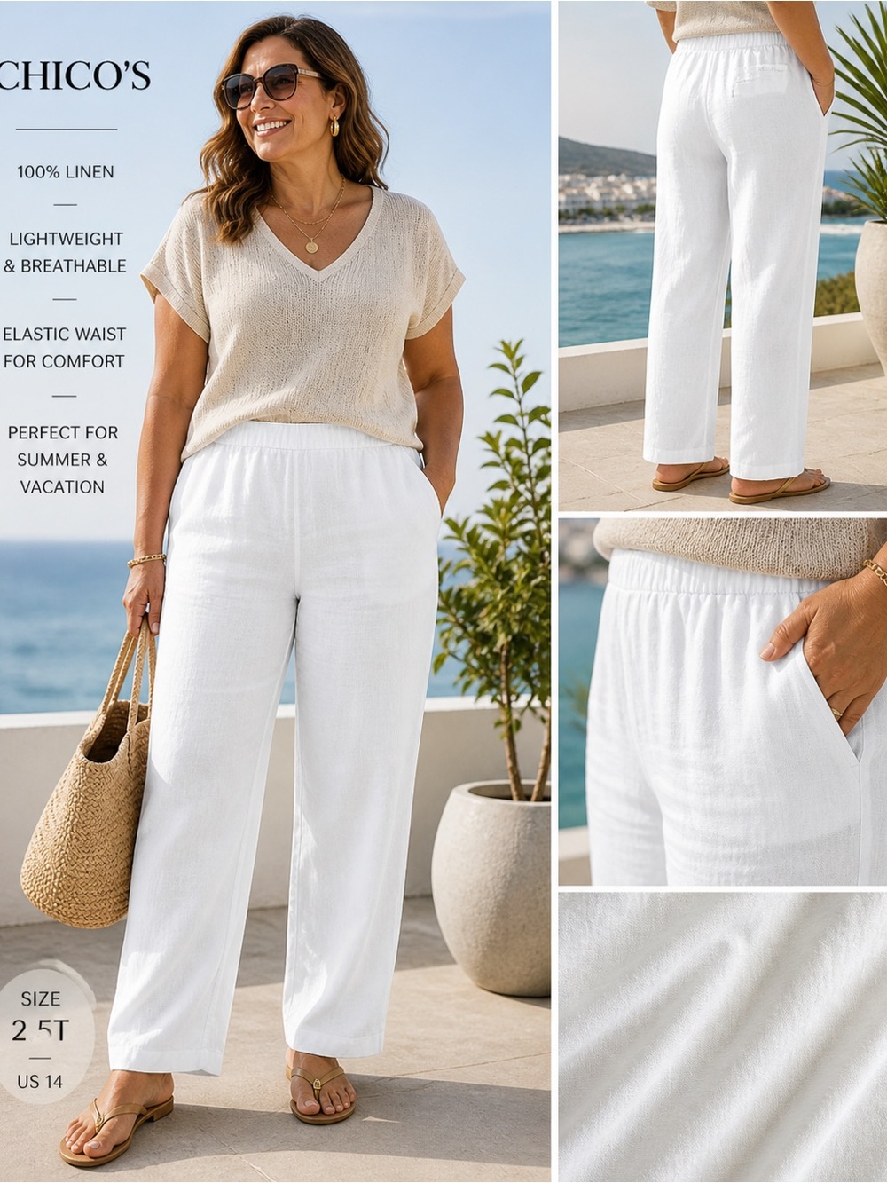 Chico’s White 100% Linen Pants Elastic Waist Straight Leg Summer Size 2.5T 14